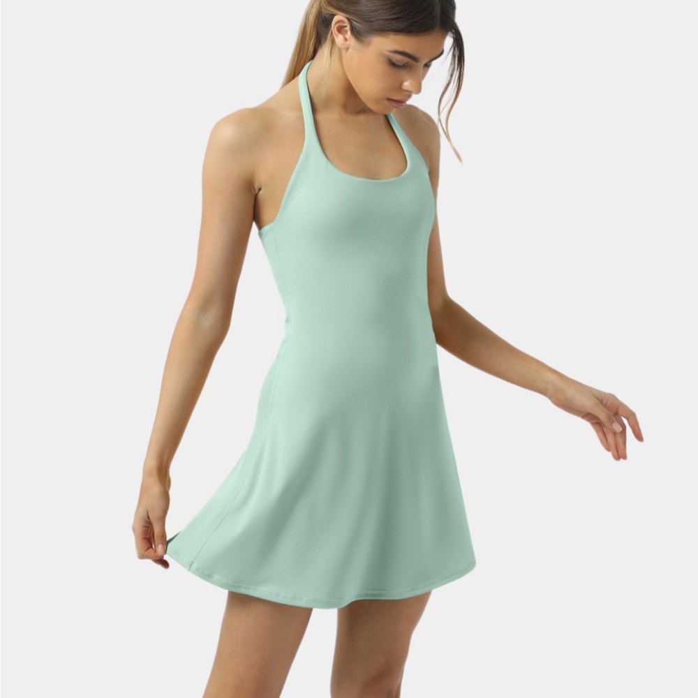 HALARA in my feels cloudfull backless 2-in-1 activity dress in aqua foam